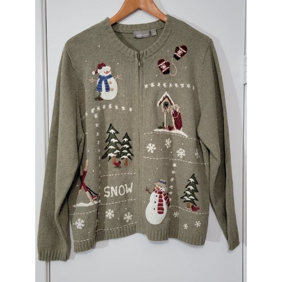 Christmas Green‎ White Red Cardinals Winter Long Snowman Zip Up Sweater,  XL - Picture 1 of 4